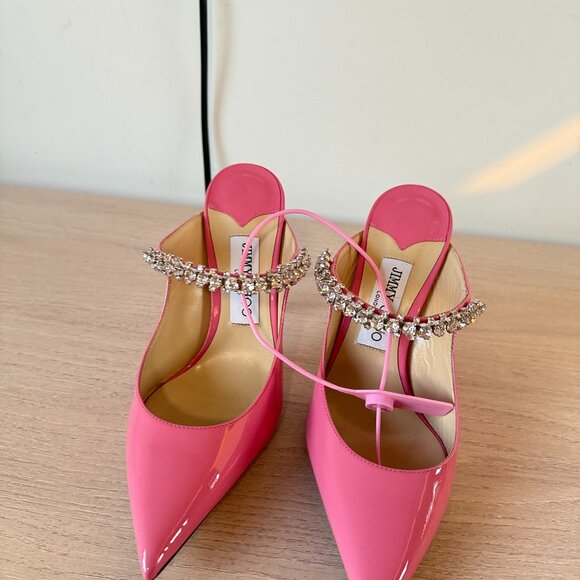Jimmy Choo Bing 100 Mules Pink Patent Leather Crystal Embellished Pointed Toe - Picture 2 of 11